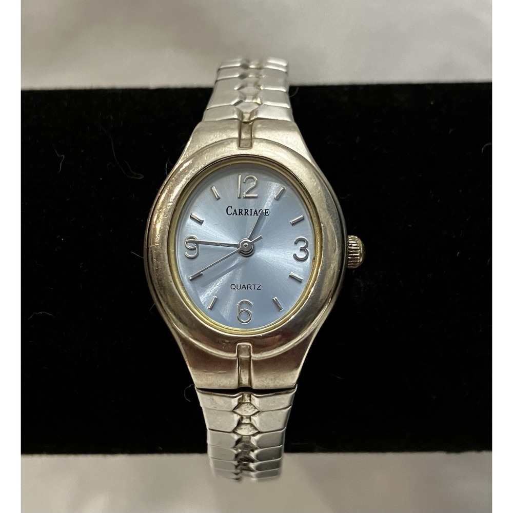 VTG Carriage Baby Blue Dial Oval Face Silver Tone Womens Watch New Battery Works